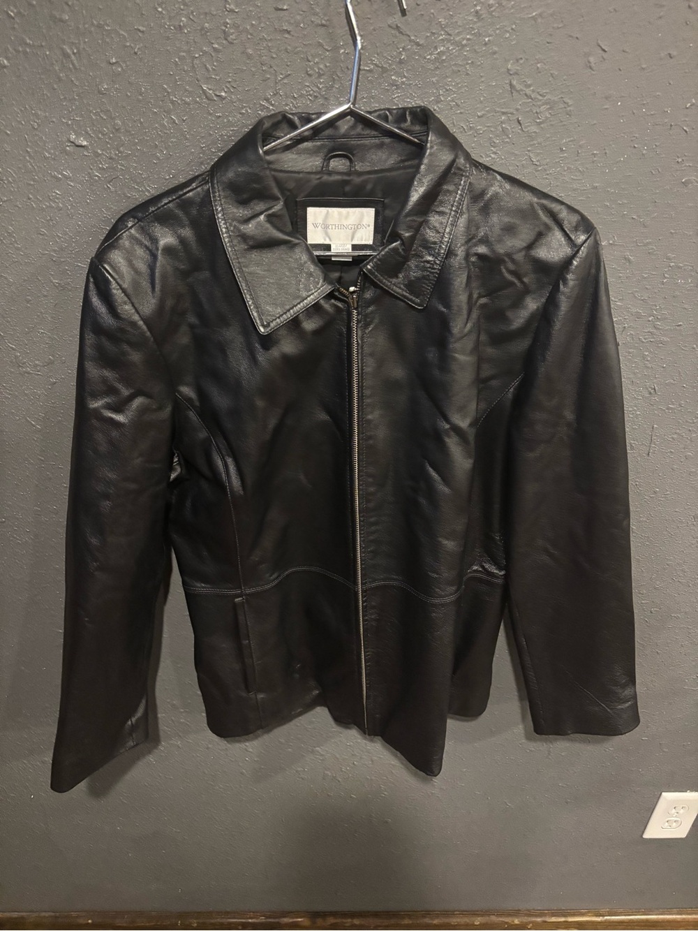 Women’s Worthington Black Leather Zip Front Bomber Jacket